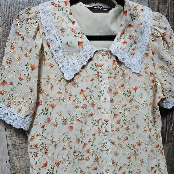 Allegra K Cream Eyelet Embroidered Floral Peter Pan Collar Button Down Blouse - Picture 3 of 6